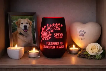 Preview: Personalisierbares Windlicht | Gedenklicht für Haustiere | Trauerlicht | Schwarz-Rot