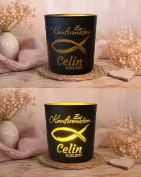 Preview: Personalisiertes Windlicht zur Konfirmation mit Name & Datum – Geschenk zur Konfirmation