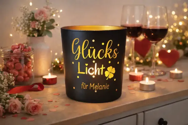 Glückslicht – personalisiertes, lasergraviertes Windlicht mit Bedeutung
