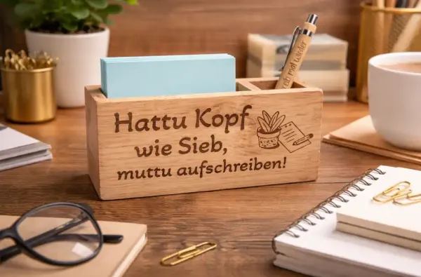 Notizzettel-Halter aus Holz – Hattu Kopf wie Sieb, muttu aufschreiben!